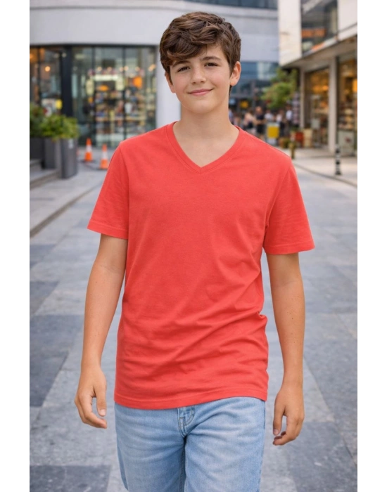 Genç Erkek Çocuk V Yaka Tişört Yazlık Model Günlük Basic Body - Nar Çiçeği