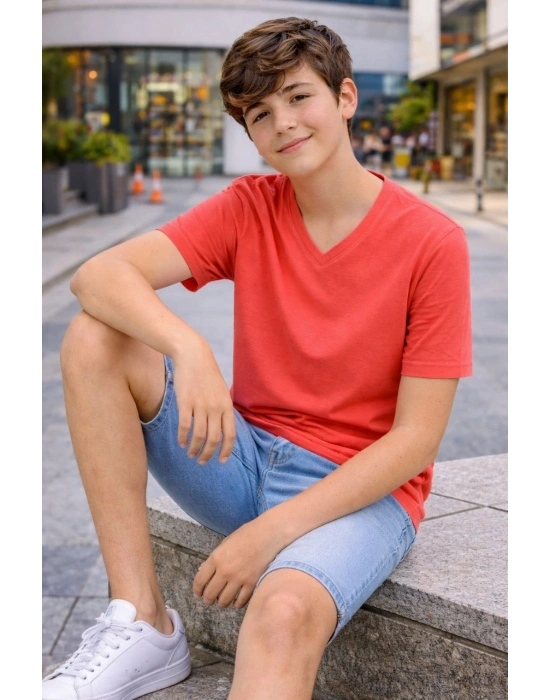 Genç Erkek Çocuk V Yaka Tişört Yazlık Model Günlük Basic Body - Nar Çiçeği