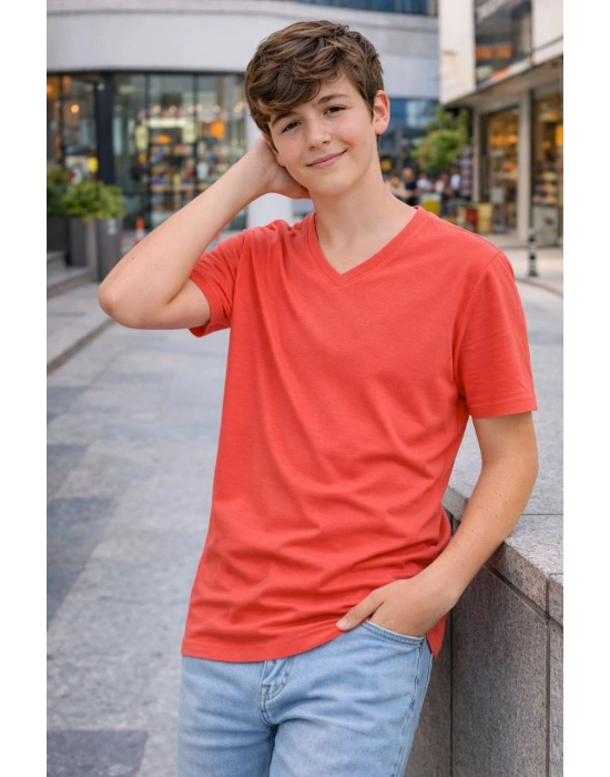 Genç Erkek Çocuk V Yaka Tişört Yazlık Model Günlük Basic Body - Nar Çiçeği