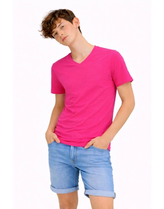 Genç Erkek Çocuk V Yaka Tişört Yazlık Model Günlük Basic Body - Pembe