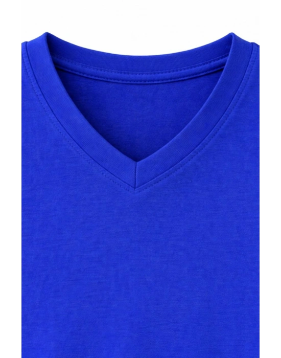 Genç Erkek Çocuk V Yaka Tişört Yazlık Model Günlük Basic Body - Saks Mavisi