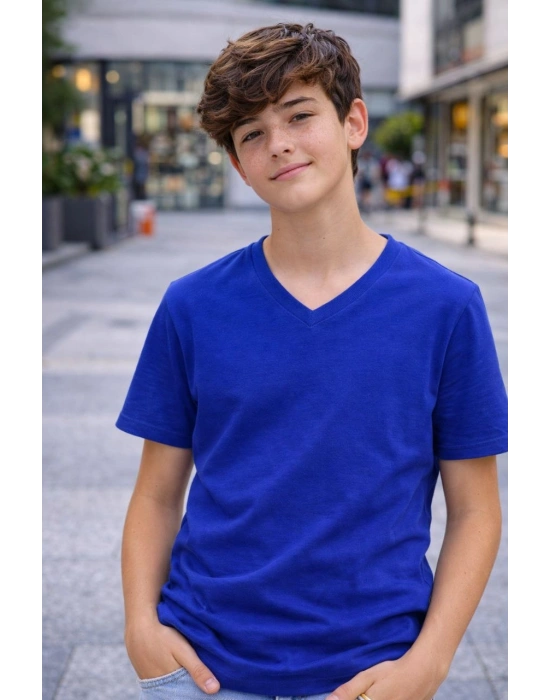 Genç Erkek Çocuk V Yaka Tişört Yazlık Model Günlük Basic Body - Saks Mavisi