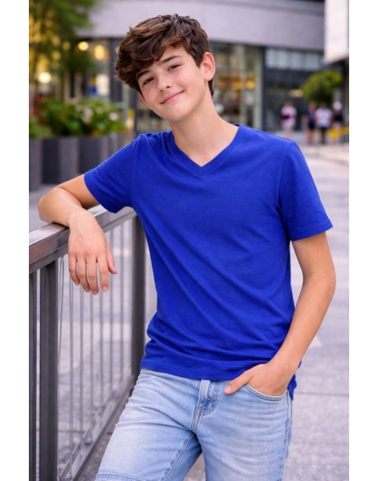 Genç Erkek Çocuk V Yaka Tişört Yazlık Model Günlük Basic Body - Saks Mavisi