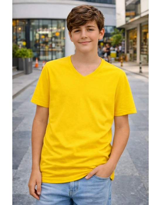 Genç Erkek Çocuk V Yaka Tişört Yazlık Model Günlük Basic Body - Sarı