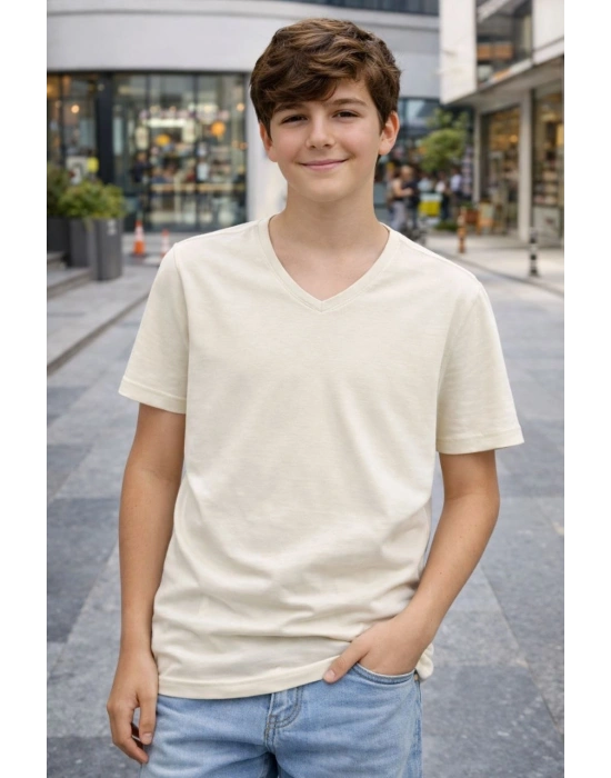 Genç Erkek Çocuk V Yaka Tişört Yazlık Model Günlük Basic Body - Taş