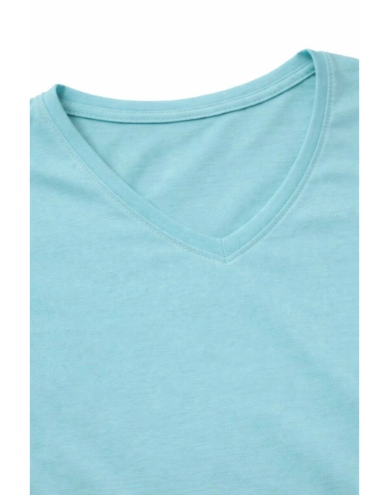 Genç Erkek Çocuk V Yaka Tişört Yazlık Model Günlük Basic Body - Turkuvaz