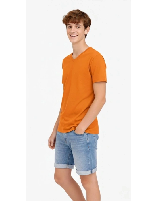 Genç Erkek Çocuk V Yaka Tişört Yazlık Model Günlük Basic Body - Turuncu