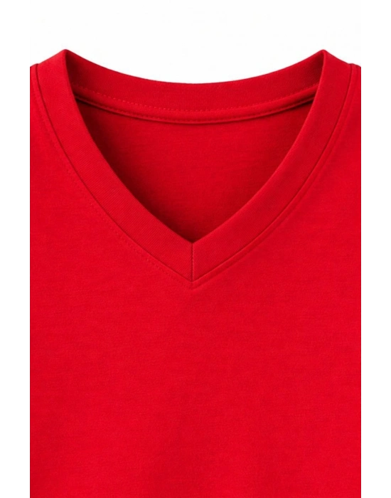 Genç Kız Çocuk V Yaka Tişört Yazlık Model Günlük Basic Body - Kırmızı