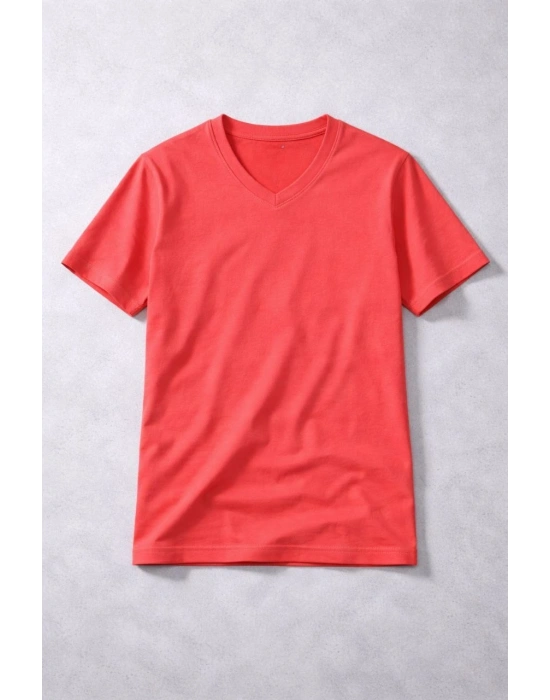 Genç Kız Çocuk V Yaka Tişört Yazlık Model Günlük Basic Body - Nar Çiçeği