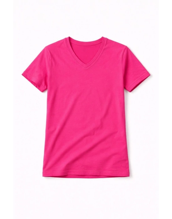 Genç Kız Çocuk V Yaka Tişört Yazlık Model Günlük Basic Body - Pembe