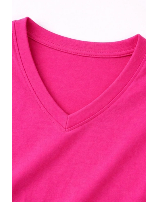 Genç Kız Çocuk V Yaka Tişört Yazlık Model Günlük Basic Body - Pembe