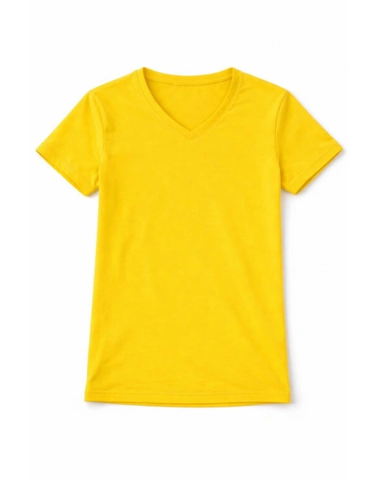Genç Kız Çocuk V Yaka Tişört Yazlık Model Günlük Basic Body - Sarı