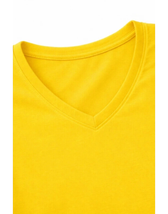 Genç Kız Çocuk V Yaka Tişört Yazlık Model Günlük Basic Body - Sarı