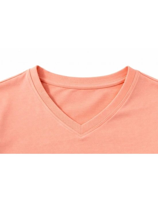 Genç Kız Çocuk V Yaka Tişört Yazlık Model Günlük Basic Body - Toz Pembe