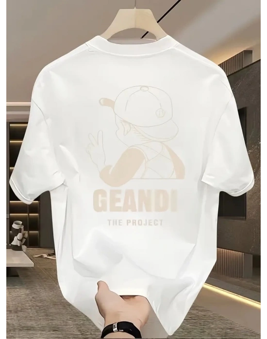 Geniş Kesim Pamuklu Tişört - GANDHI The Project Baskılı, Beyaz, Rahat Kesim, Kısa Kollu, Günlük Kıyafet, Her Gün Giyilebilecek Tişört- Beyaz