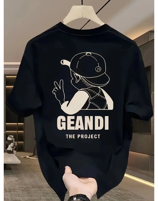 Geniş Kesim Pamuklu Tişört - GANDHI The Project Baskılı, Siyah, Rahat Kesim, Kısa Kollu, Günlük Kıyafet, Her Gün Giyilebilecek Tişört- Siyah