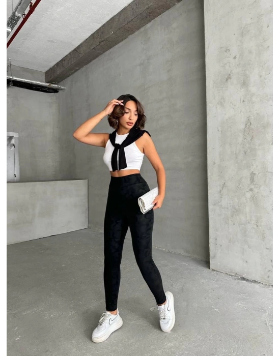 Gizli yan fermuarlı bulut desenli tayt siyah h248638