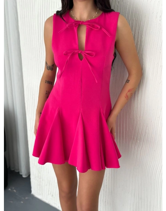Göğüs Bağlamalı Kolsuz Mini Boy Elbise - Pembe