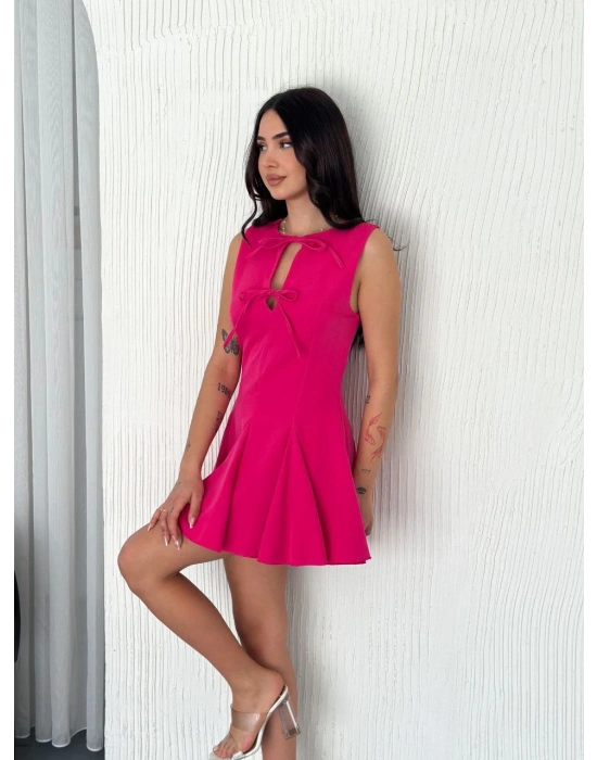Göğüs Bağlamalı Kolsuz Mini Boy Elbise - Pembe