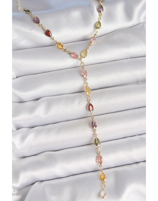 Gold Karışık Renk Zirkon Taşlı Y Pirinç Kolye