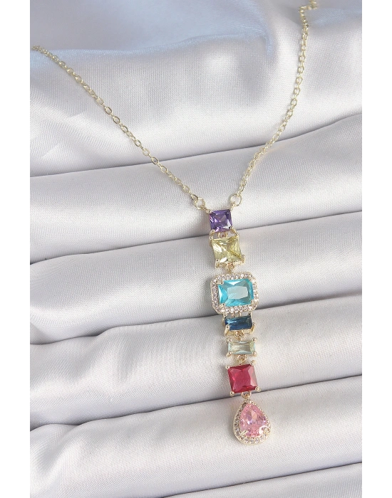 Gold Karışık Renk Zirkon Taşlı Y Pirinç Kolye