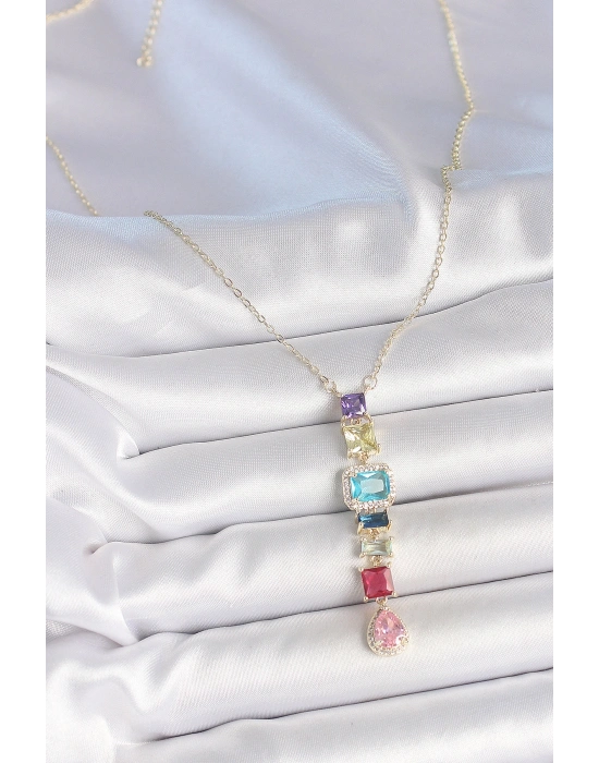 Gold Karışık Renk Zirkon Taşlı Y Pirinç Kolye