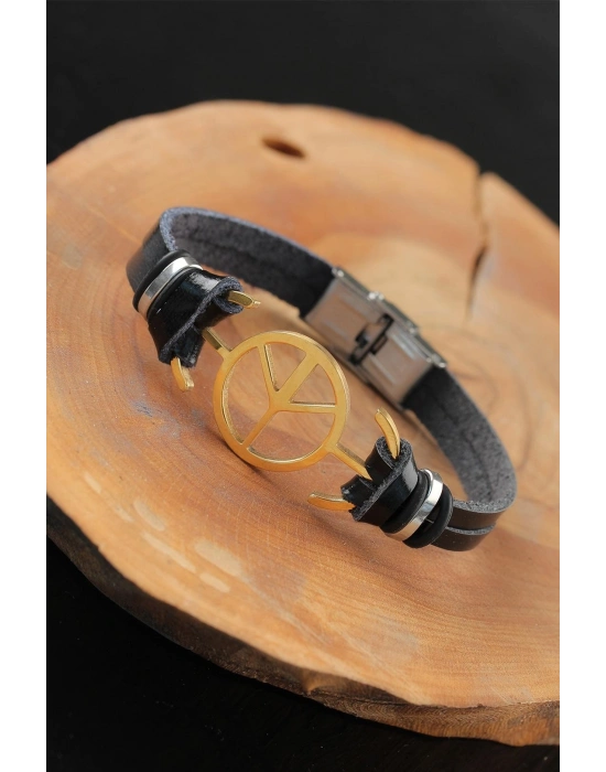 Gold Renk Barış Figürlü Metal Aksesuarlı Siyah Renk Deri Erkek Bileklik