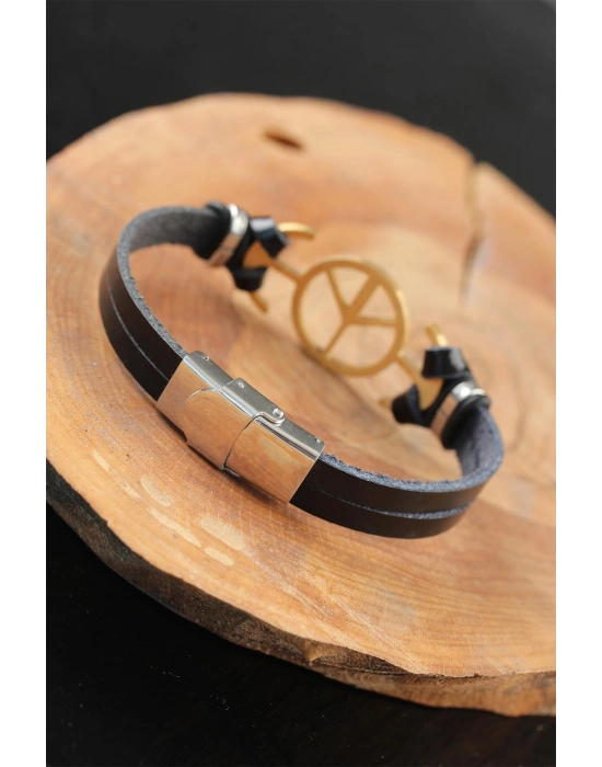 Gold Renk Barış Figürlü Metal Aksesuarlı Siyah Renk Deri Erkek Bileklik