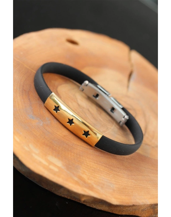 Gold Renk Çelik Yıldızlı Tasarım Siyah Renk Silikon Erkek Bileklik