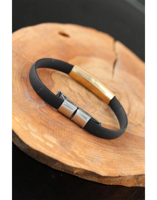 Gold Renk Çelik Yıldızlı Tasarım Siyah Renk Silikon Erkek Bileklik