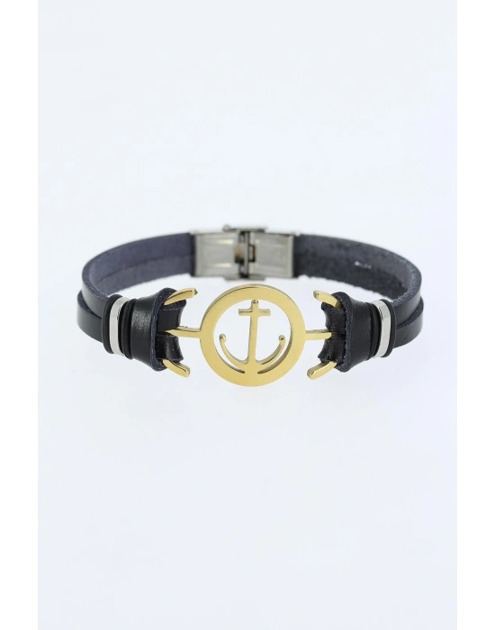 Gold Renk Deniz Çapası Figürlü Metal Aksesuarlı Siyah Renk Deri Erkek Bileklik