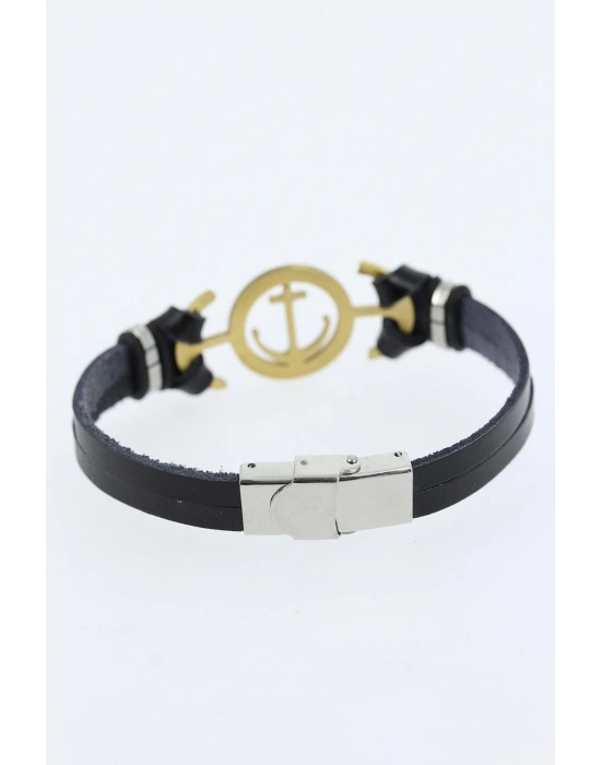 Gold Renk Deniz Çapası Figürlü Metal Aksesuarlı Siyah Renk Deri Erkek Bileklik
