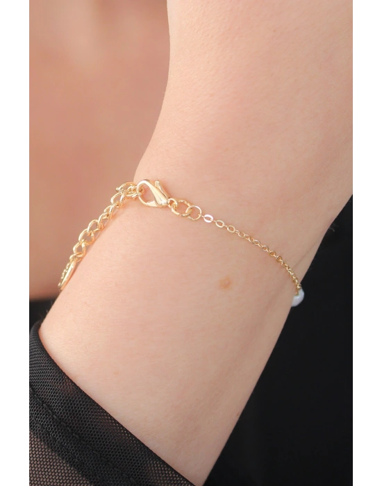 Gold Renk İnci Boncuk Model Kadın Bileklik