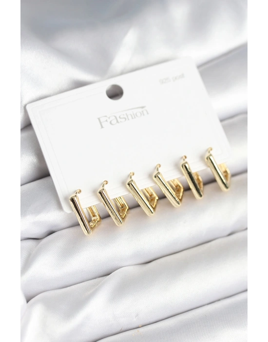 Gold Renk Kare Model Pirinç 925 Ayar Gümüş Çivili Kadın Küpe Seti