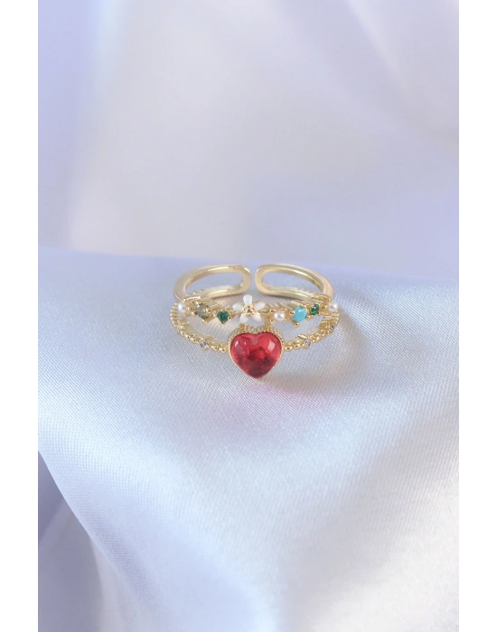 Gold Renk Kırmızı Zirkon Taş Kalp Model Pirinç Kadın Yüzük