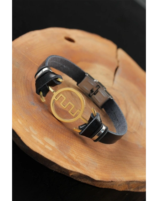 Gold Renk Metal Labirent Tasarım Siyah Renk Deri Erkek Bileklik