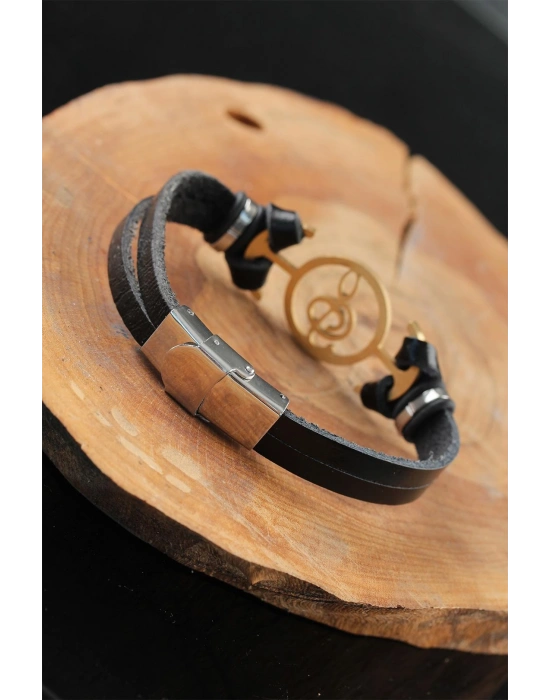 Gold Renk Metal Sol Anahtarlı Tasarım Siyah Renk Deri Erkek Bileklik