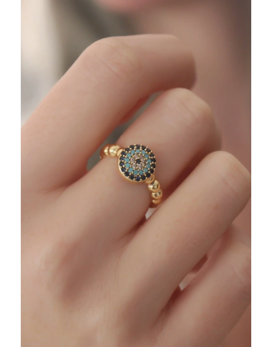 Gold Renk Nazar Boncuk Figür Zirkon Taş Detay Kadın Yüzük