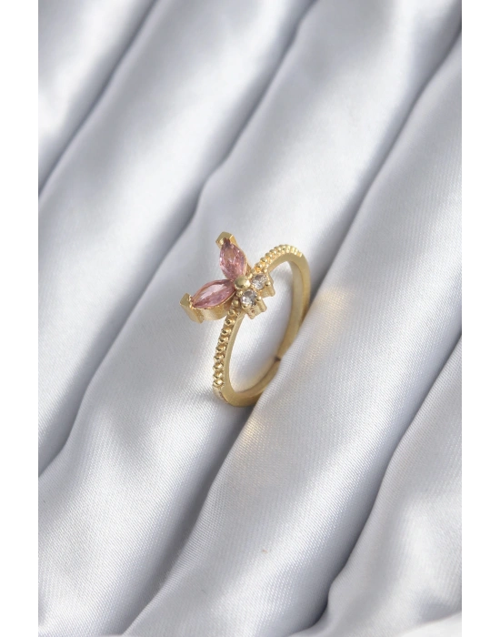 Gold Renk Pembe Zirkon Taşlı Kelebek Model Kadın Yüzük
