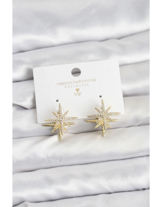 Gold Renk Pirinç Çift Taraflı Kutup Yıldızı Kadın Küpe