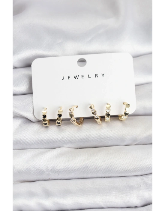 Gold Renk Pirinç Minimal Kalp Detaylı Kadın Küpe Seti