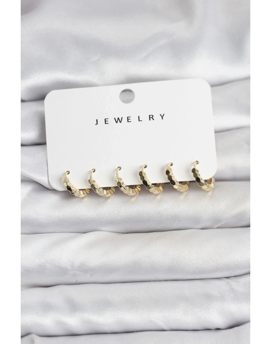 Gold Renk Pirinç Minimal Petek Detaylı Kadın Küpe Seti