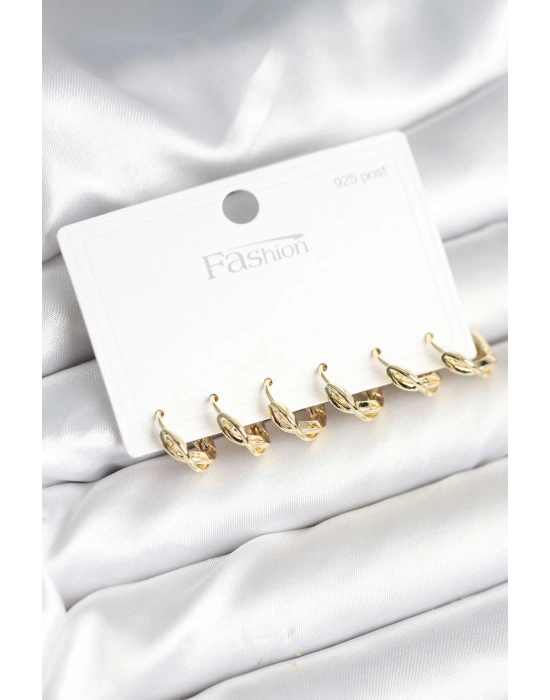 Gold Renk Pirinç Sarmal Model 925 Ayar Gümüş Çivili Kadın Küpe Seti