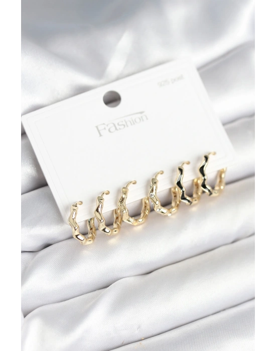 Gold Renk Pirinç Zikzak Model 925 Ayar Gümüş Çivili Kadın Küpe Seti