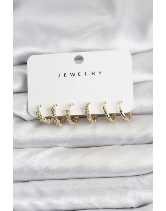 Gold Renk Pirinç Zirkon Taşlı Kadın Küpe Seti