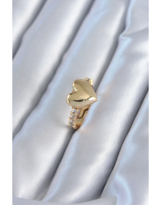 Gold Renk Pirinç Zirkon Taşlı Kalp Model Kadın Yüzük