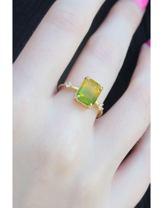 Gold Renk Renkli Zirkon Taşlı Pirinç Kadın Yüzük