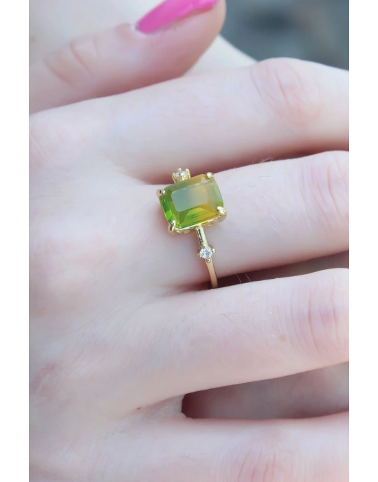 Gold Renk Renkli Zirkon Taşlı Pirinç Kadın Yüzük