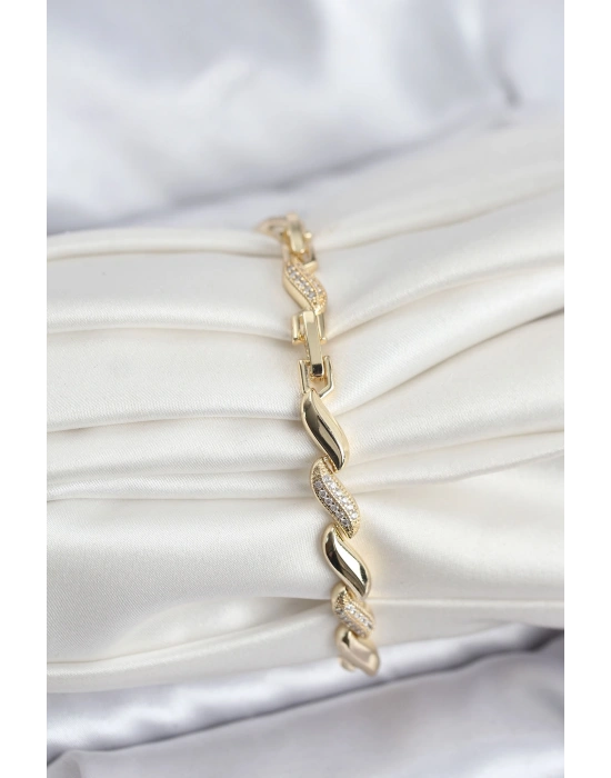 Gold Renk Sıralı Damla Model Zirkon Taşlı Pirinç Kadın Bileklik