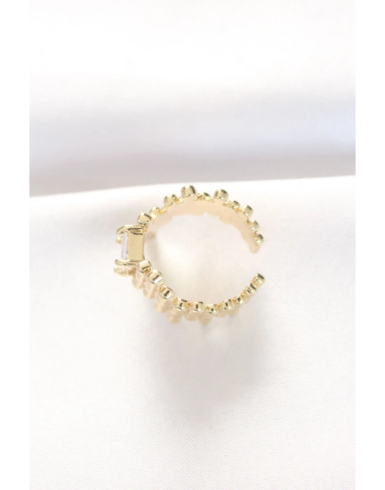 Gold Renk Tırtıklı Kalın Baget Taş Tasarım Ayarlanabilir Yüzük